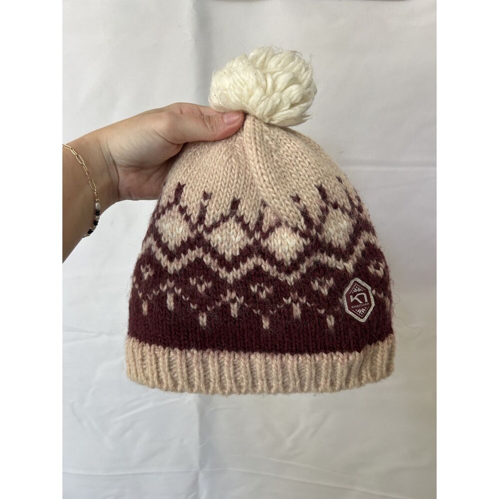 Kari Traa Wool Blend Maroon and Cream Beanie Scandinavian Geometric Pattern